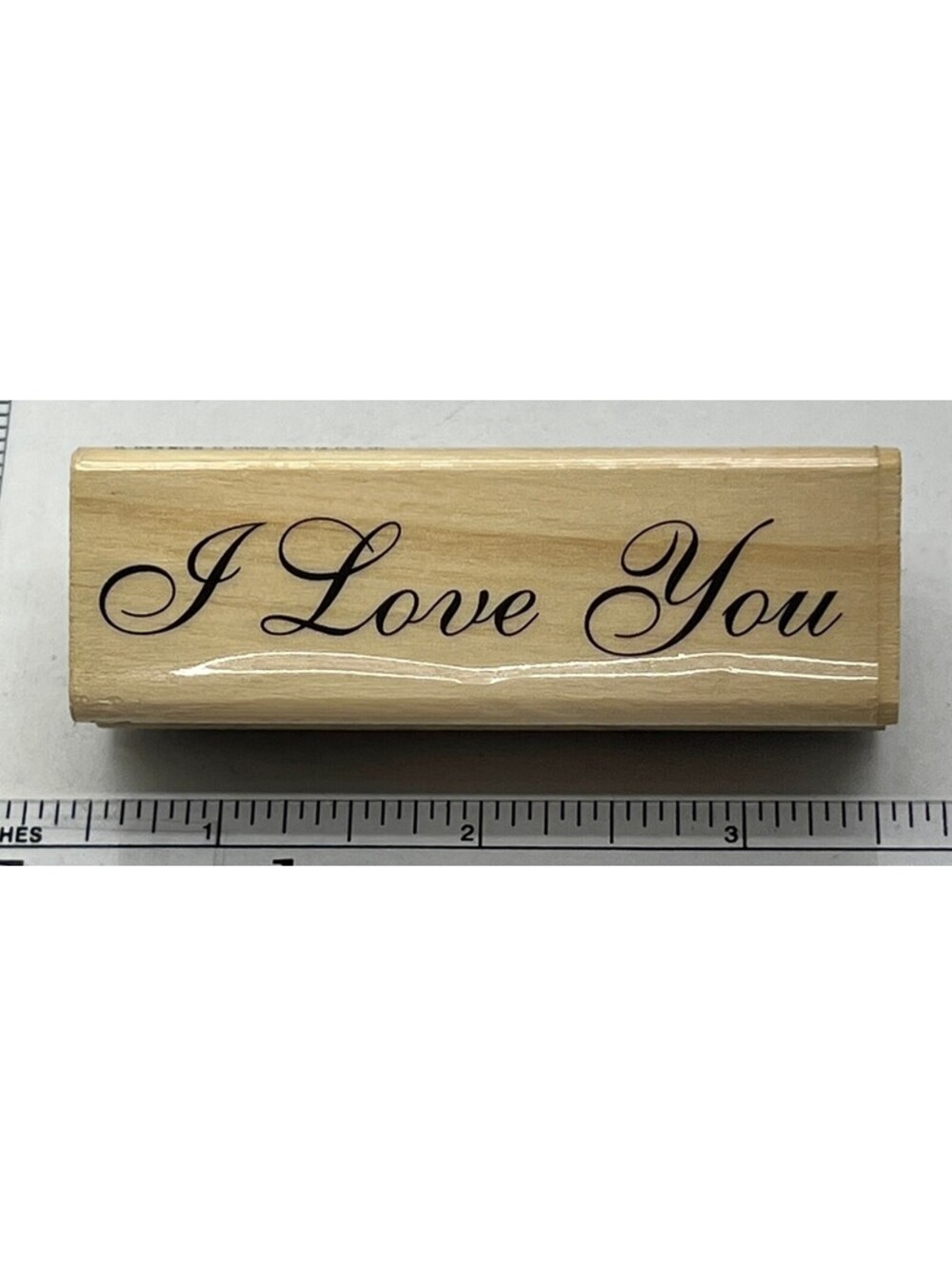 Wooden Rubber Stamp with 'I Love You' Script Text